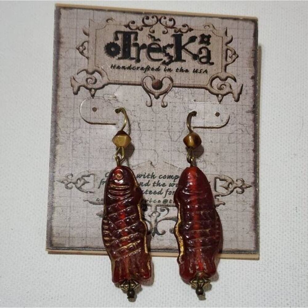 Treska Handcrafted USA Fish Drop Earrings Red Brown Glass‎ Bead French Wire Boho